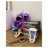 Group of Toys, DVDS, Backpack