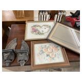 Gargoyle candleholders, cross stitch picture,