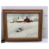 Snowy Barn Painting, Signed