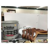 5 Wood Hangers and minnow Bucket