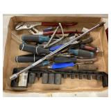 Box of screwdrivers, channel lock, sockets and