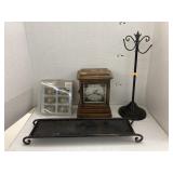 Metal tray & rack, brass napkin rings, clock