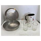 Cake pans, glasses, sifter & vase