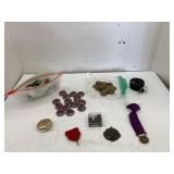 Chuckie Cheese coins, beach glass, compass, etc