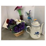 Teapot, Flowers, Bird House Planter