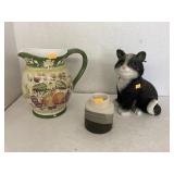 Cat figure, pitcher, & candle holder
