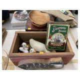 Wooden boxes and bowls, Vntg tin, & duck