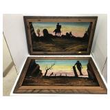 2 Cowboy Paintings On Black