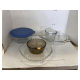 Assorted glass bowls, pie plate, measuring cup, &