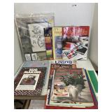 Plastic canvas & mags, craft books, & stitching