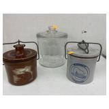 Glass Jar (chip/broken on lid)  & 2 Crocks