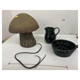 Mushroom Lamp. (Cord needs repair) & Pottery