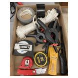 Clamps, tape measurers, stud finder, etc