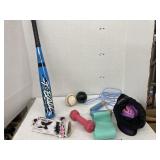 T-ball bat, glove, balls, weight, jump rope, &