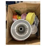 Kitchen gadgets, assorted plates and bowls, mixer