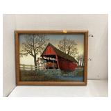 Framed, signed covered bridge picture