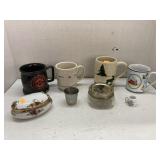Assorted mugs, jewelry box, ball jar, & shot