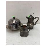 Metal covered cheese ball plate & pitchers