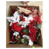 Box of Christmas Items - Ornaments, Faux Flowers