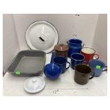 Enamel ware cups, pots, ladle, pan, & lids