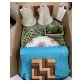 Box of Glass Light Covers, Placemats, Dish, Misc
