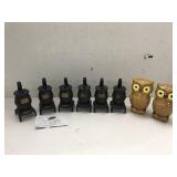 Vntg Salt pepper Shakers, Owls & Pot Belly Stoves