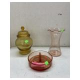 Vntg pink depression divided bowl, vase, & yellow