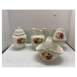 Rose lattice basket, pitcher, candle holder, &