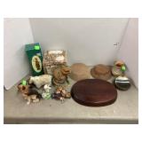 Wood stands, figures, & Brunswick record brush