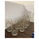 Rose Pitcher and 8 Glasses