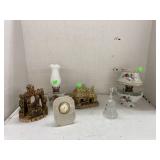 Oil lamps, bell, clock, & figures