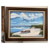 Canoe on Beach Painting, Signed