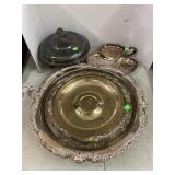 Metal serving plates, tureen and lid, and lazy