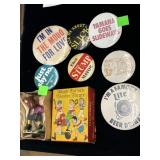 Vintage Hand Carved Wooden Figure & Vntg Pins