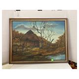 Framed round barn painting