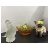 Cat & Bird Figurines & Glass Basket