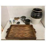 Crock, Wooden Tray, S&P Shakers, Turtle, Misc