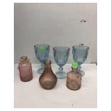 Blue Glass Goblets & Pink Glass Bottles