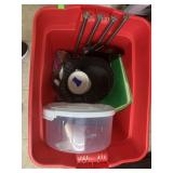 Tub of kitchen items, shelves, Blu Ray player,