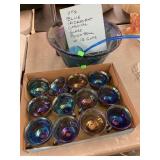Vntg blue iridescent carnival glass punch bowl &
