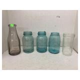 Vntg blue Ball jars, freezer jar, & Smokey 1Qt
