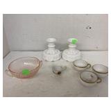 Milk glass candle holders, tiny tea cups, pink