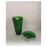 Green Glass Vase & Dish