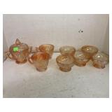 Carnival glass sugar bowl, cups, & sherbet bowls