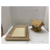 3 wooden trays/frames and bird house