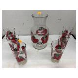 Vintage Red Apple Juice Carafe Pitcher & Glasses