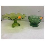 Green Glass Pedestal Dish & Bowl