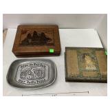 Wooden ship Box, Metal Dish, Metal Box