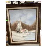 Framed, signed, windmill oil painting