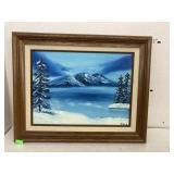 Framed, signed mountain oil painting